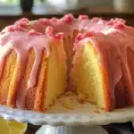 Lemon Rhubarb Bundt Cake with citrus glaze and fresh rhubarb garnish