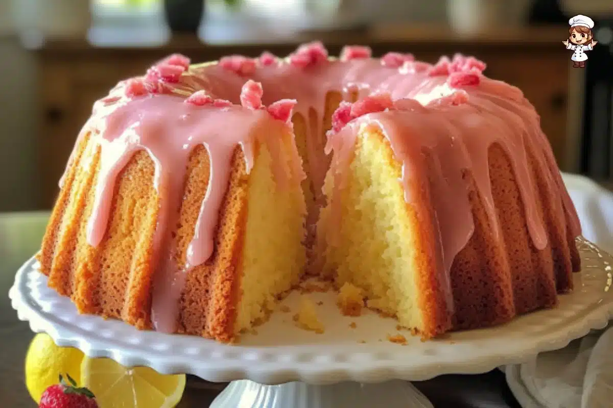 Lemon Rhubarb Bundt Cake with citrus glaze and fresh rhubarb garnish