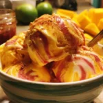 Delicious homemade mango sorbet in a bowl with fresh mango slices