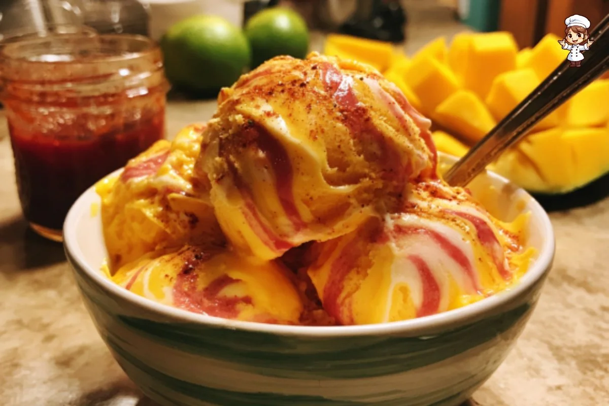 Delicious homemade mango sorbet in a bowl with fresh mango slices