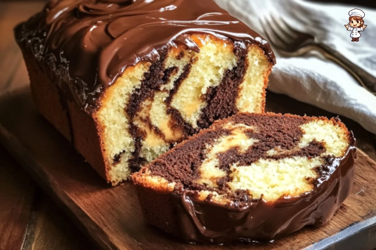 Delicious Marble Loaf Cake with chocolate and vanilla swirls on a rustic backdrop.