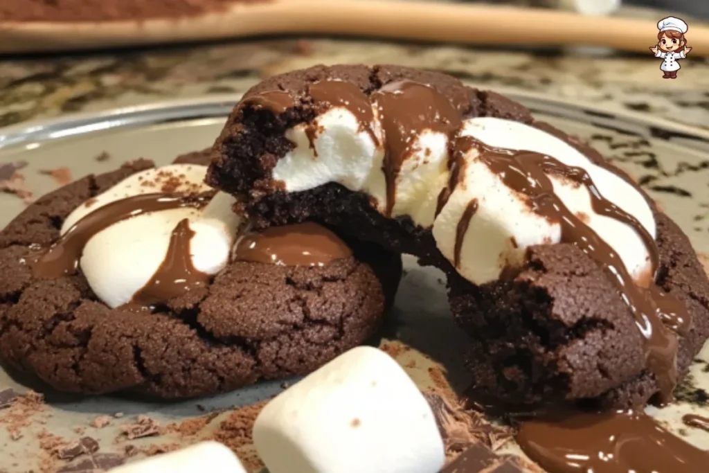 Delicious Marshmallow-Surprise Hot Cocoa Cookies on a festive plate