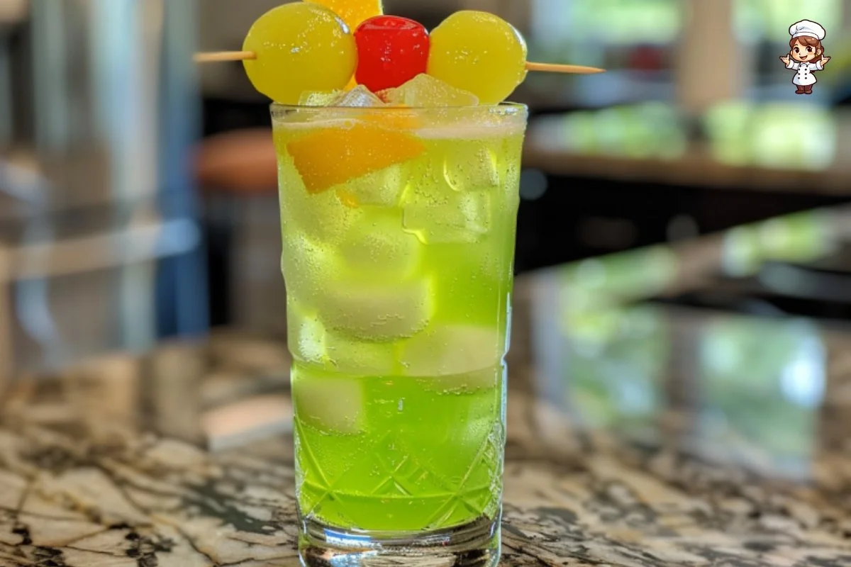 Refreshing Midori Melon Fizz cocktail in a glass with melon garnish