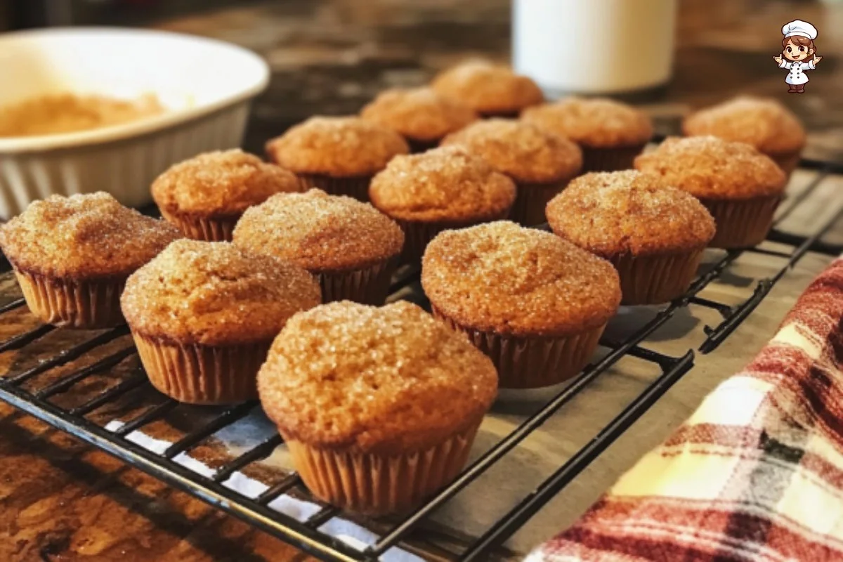Mini Cinnamon Sugar Pumpkin Muffins with cinnamon sugar topping on a wooden table
