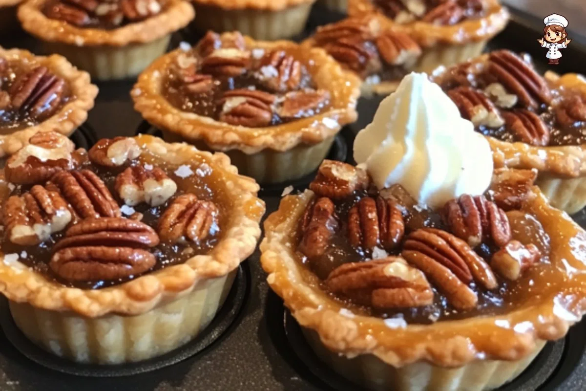 Freshly baked mini pecan pies on a wooden table