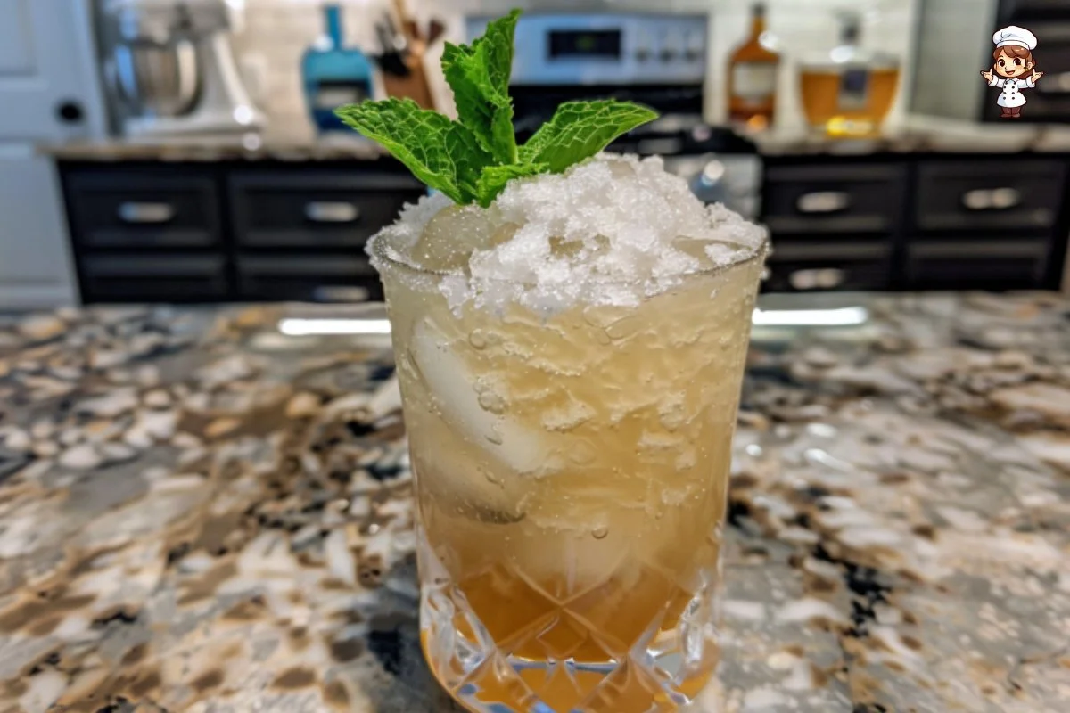 A refreshing Mint Julep Fizz cocktail garnished with mint leaves.