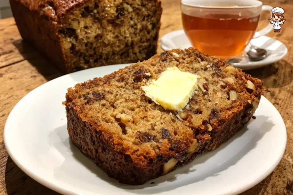 Moist classic tea loaf with sweet dates and crunchy walnuts on a wooden table