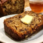 Moist classic tea loaf with sweet dates and crunchy walnuts on a wooden table