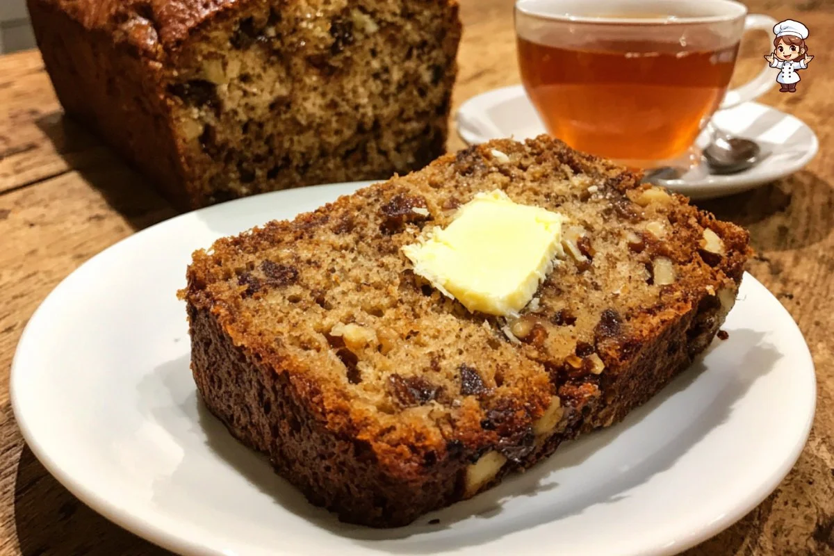 Moist classic tea loaf with sweet dates and crunchy walnuts on a wooden table