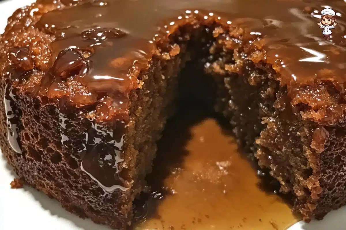 Moist Date Cake topped with creamy Buttery Toffee Glaze on a white plate.