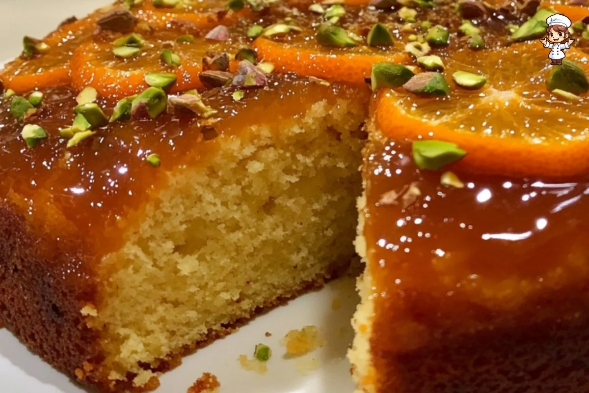 Moist flourless orange cake with cardamom and almond toppings