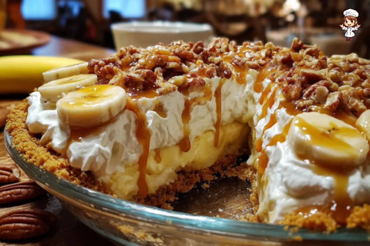 No-Bake Banana Caramel Pecan Pie topped with pecans and banana slices
