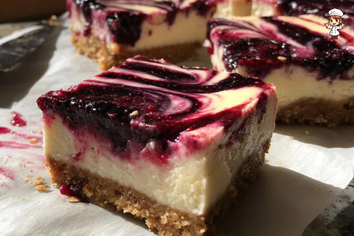 Delicious no-bake blackberry cheesecake bars served on a plate