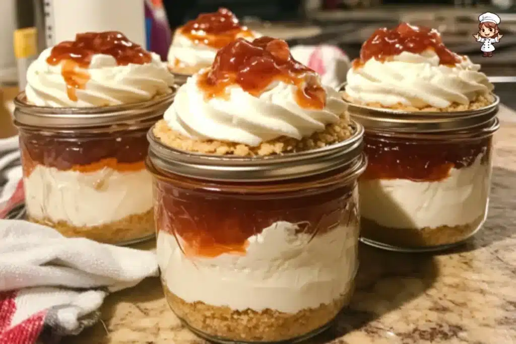 Delicious no bake cheesecake jars layered with creamy cheesecake and toppings