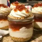 Delicious no bake cheesecake jars layered with creamy cheesecake and toppings