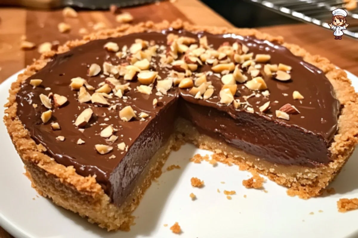 Nutella Tart with a toasted hazelnut crust garnished with chocolate drizzle