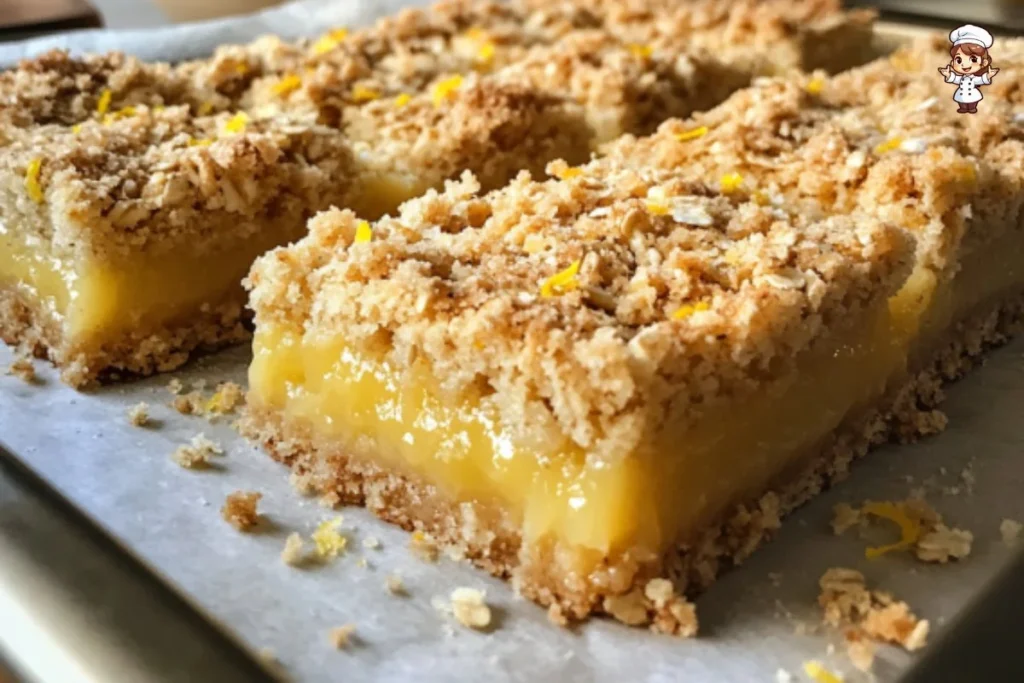 Oatmeal lemon crumble bars fresh out of the oven, topped with lemon zest