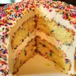 Delicious one layer sprinkle cake topped with colorful sprinkles