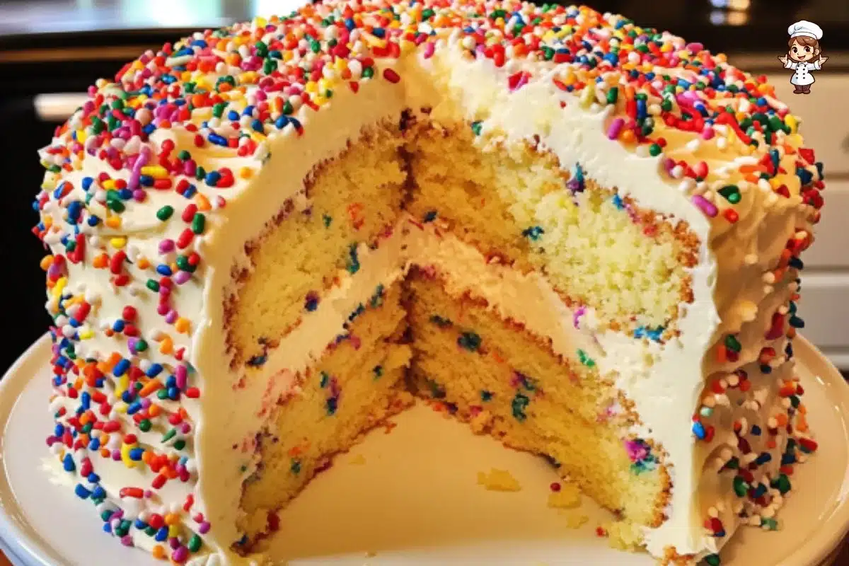 Delicious one layer sprinkle cake topped with colorful sprinkles
