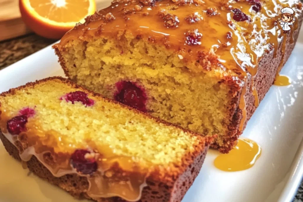 Slice of orange glazed cranberry bread on a plate with fresh cranberries