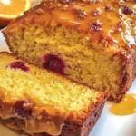 Slice of orange glazed cranberry bread on a plate with fresh cranberries