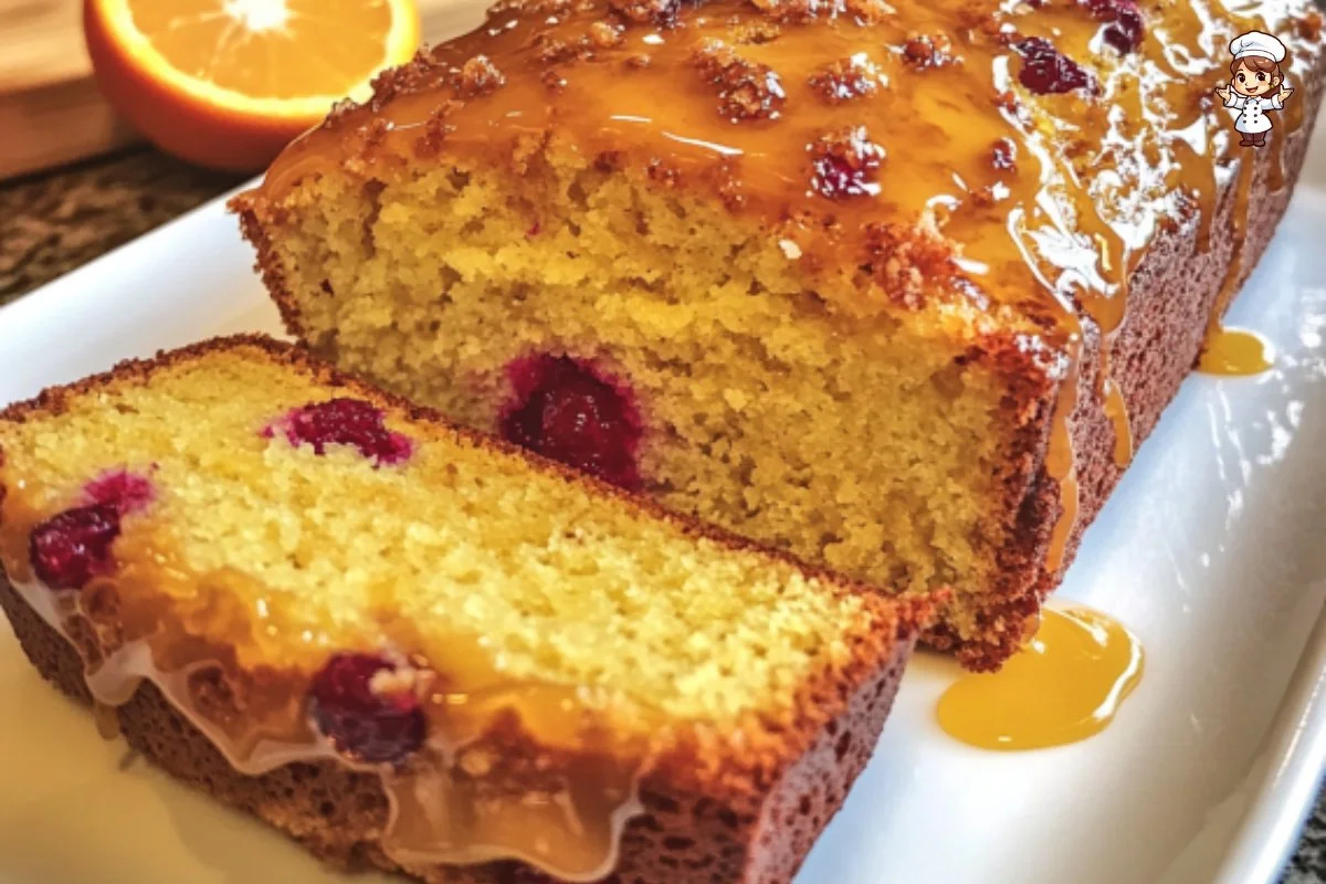 Slice of orange glazed cranberry bread on a plate with fresh cranberries