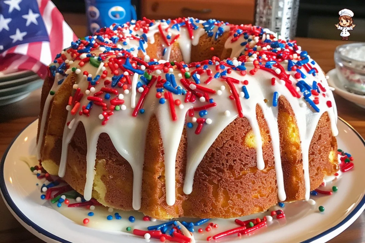Delicious Patriotic Bundt Cake decorated red, white, and blue for celebrations.