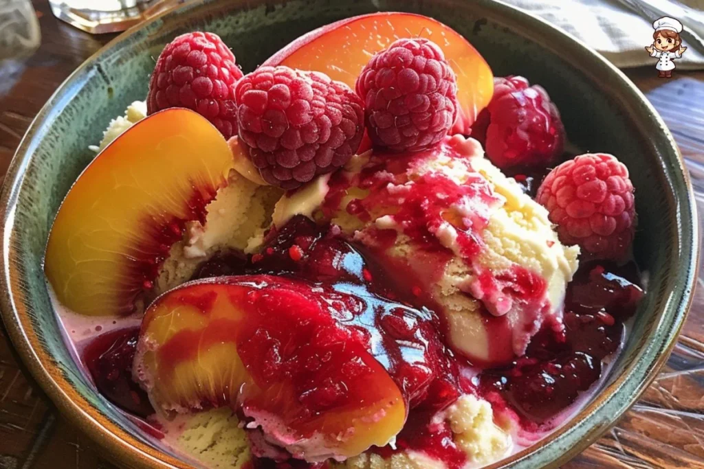 Delicious Peach Raspberry Sundae topped with fresh raspberries and peaches