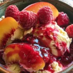 Delicious Peach Raspberry Sundae topped with fresh raspberries and peaches