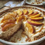 Freshly baked Peach Cream Cheese Pie with a golden crust and peach topping.