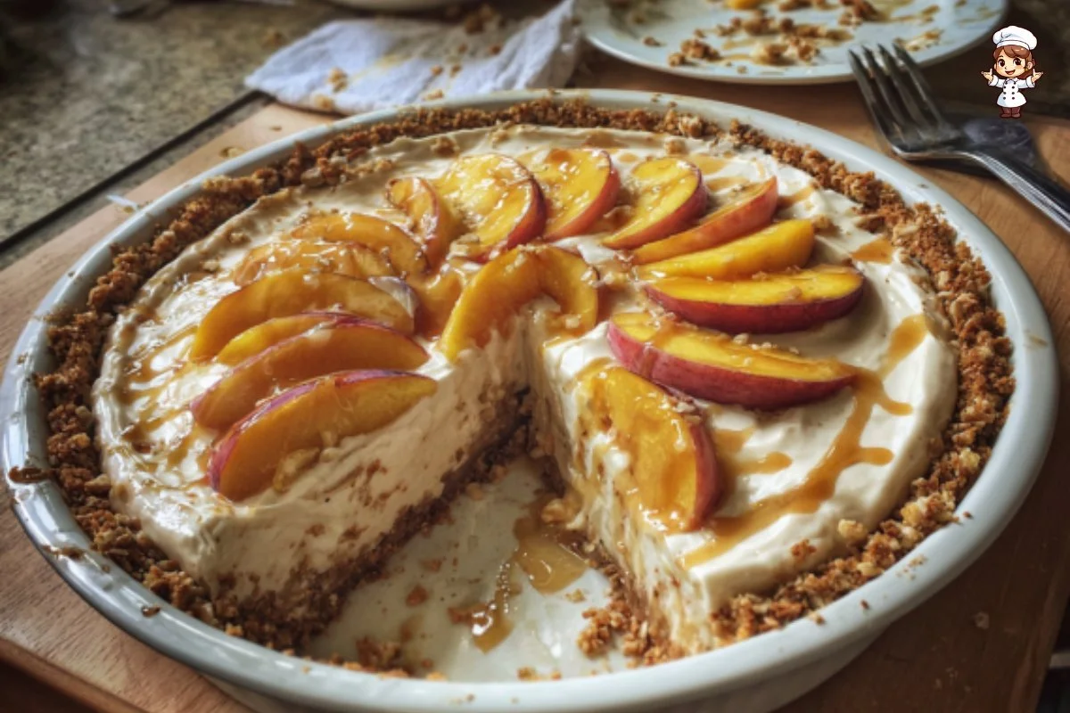 Freshly baked Peach Cream Cheese Pie with a golden crust and peach topping.