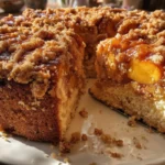 Delicious Peach Jam Coffee Cake slice with vibrant peach jam topping.