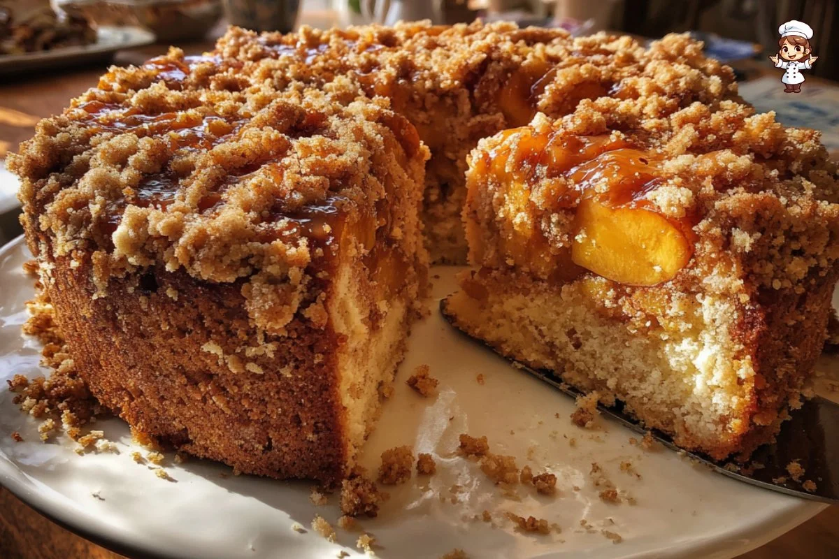 Delicious Peach Jam Coffee Cake slice with vibrant peach jam topping.
