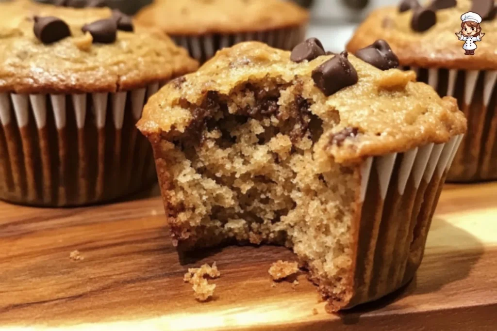 Homemade Peanut Butter Banana Muffins on a wooden table