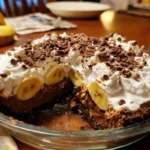 Slice of Peanut Butter Banana Pie garnished with banana slices and whipped cream.