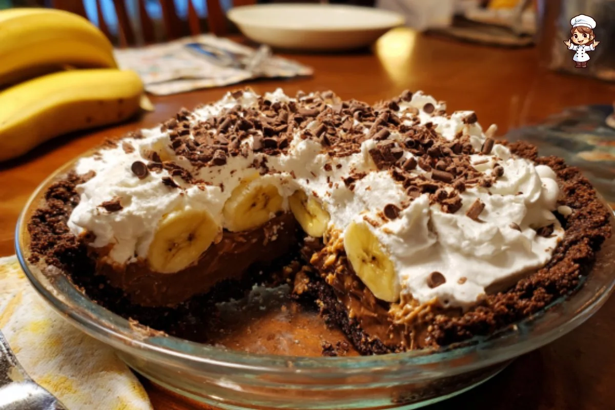 Slice of Peanut Butter Banana Pie garnished with banana slices and whipped cream.