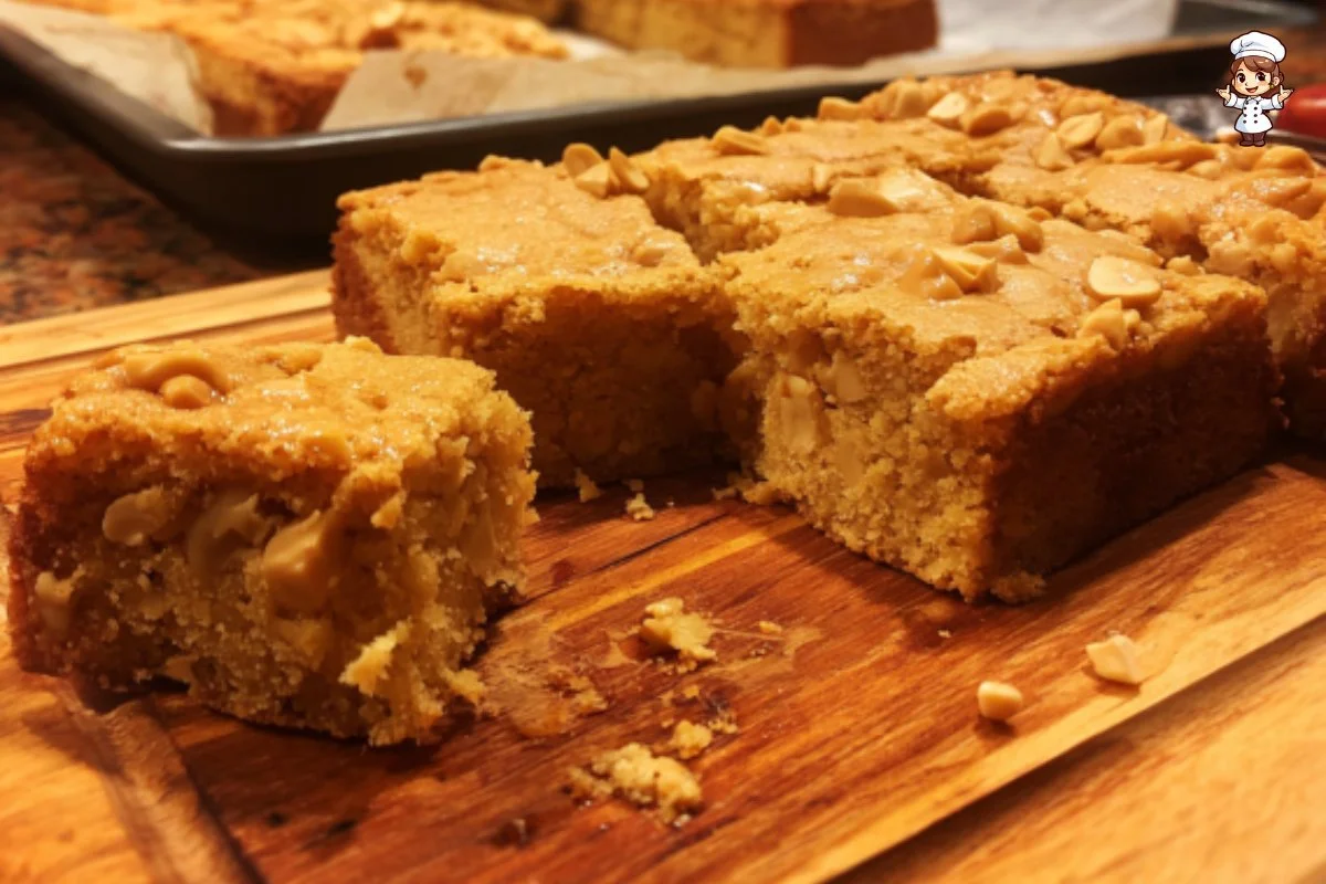 Delicious homemade peanut butter blondies on a wooden table