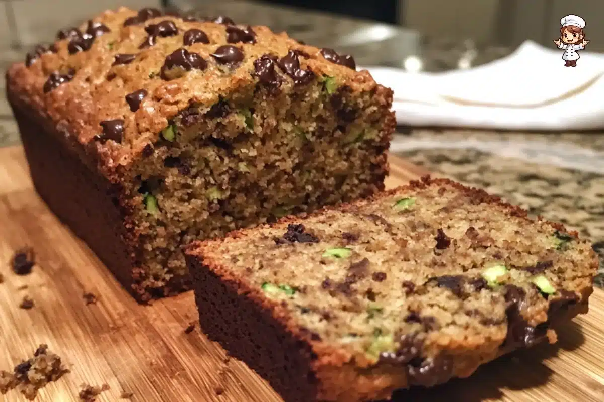 Moist peanut butter chocolate chip zucchini bread sliced on a wooden board