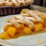 Delicious homemade peach pie with golden crust and fresh peaches on a wooden table