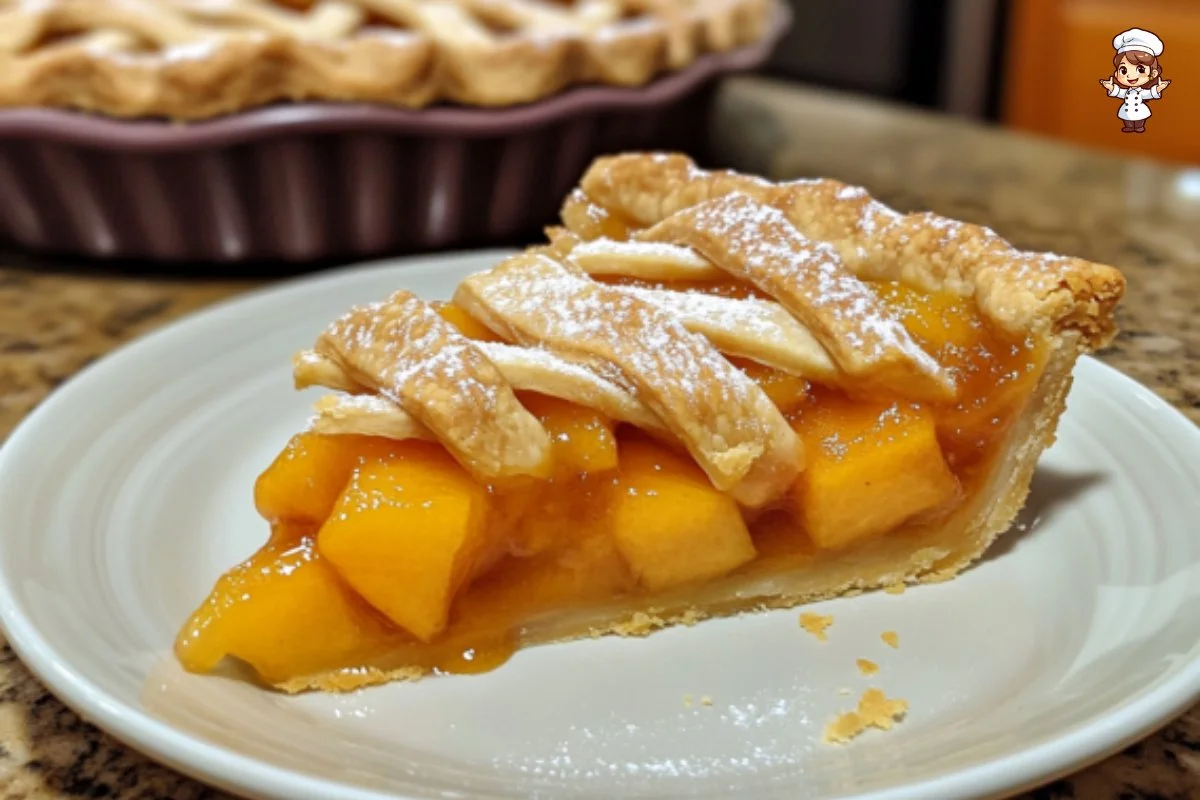 Delicious homemade peach pie with golden crust and fresh peaches on a wooden table
