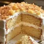 Moist Pineapple Coconut Cake topped with coconut flakes and pineapple slices