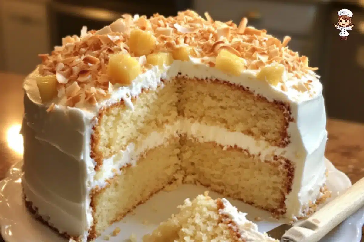 Moist Pineapple Coconut Cake topped with coconut flakes and pineapple slices
