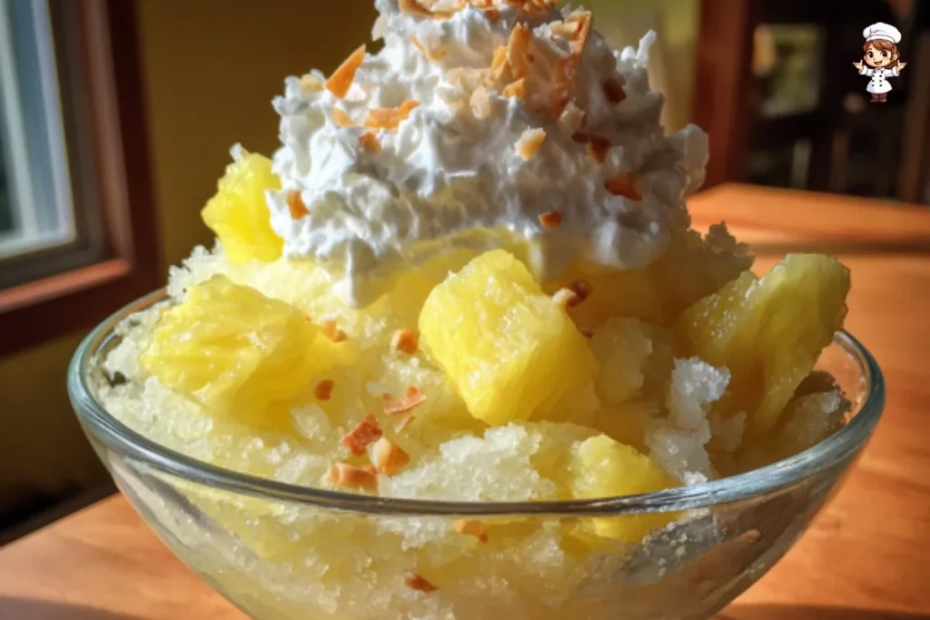 Delicious homemade Pineapple Granita served in a chilled glass.