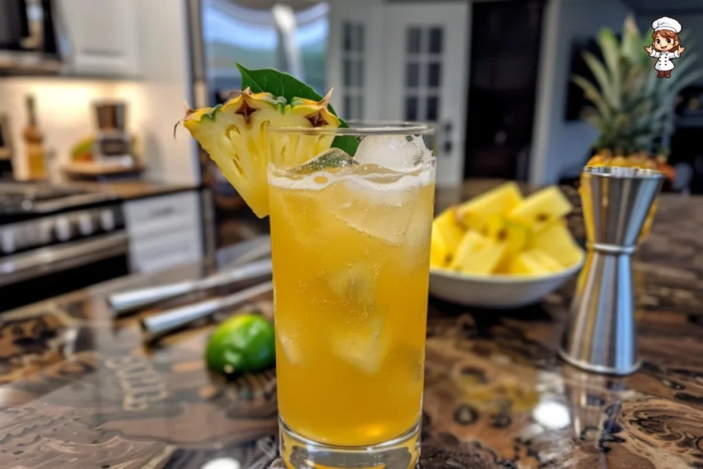 Pineapple Rum cocktail garnished with a slice of pineapple and mint leaves.