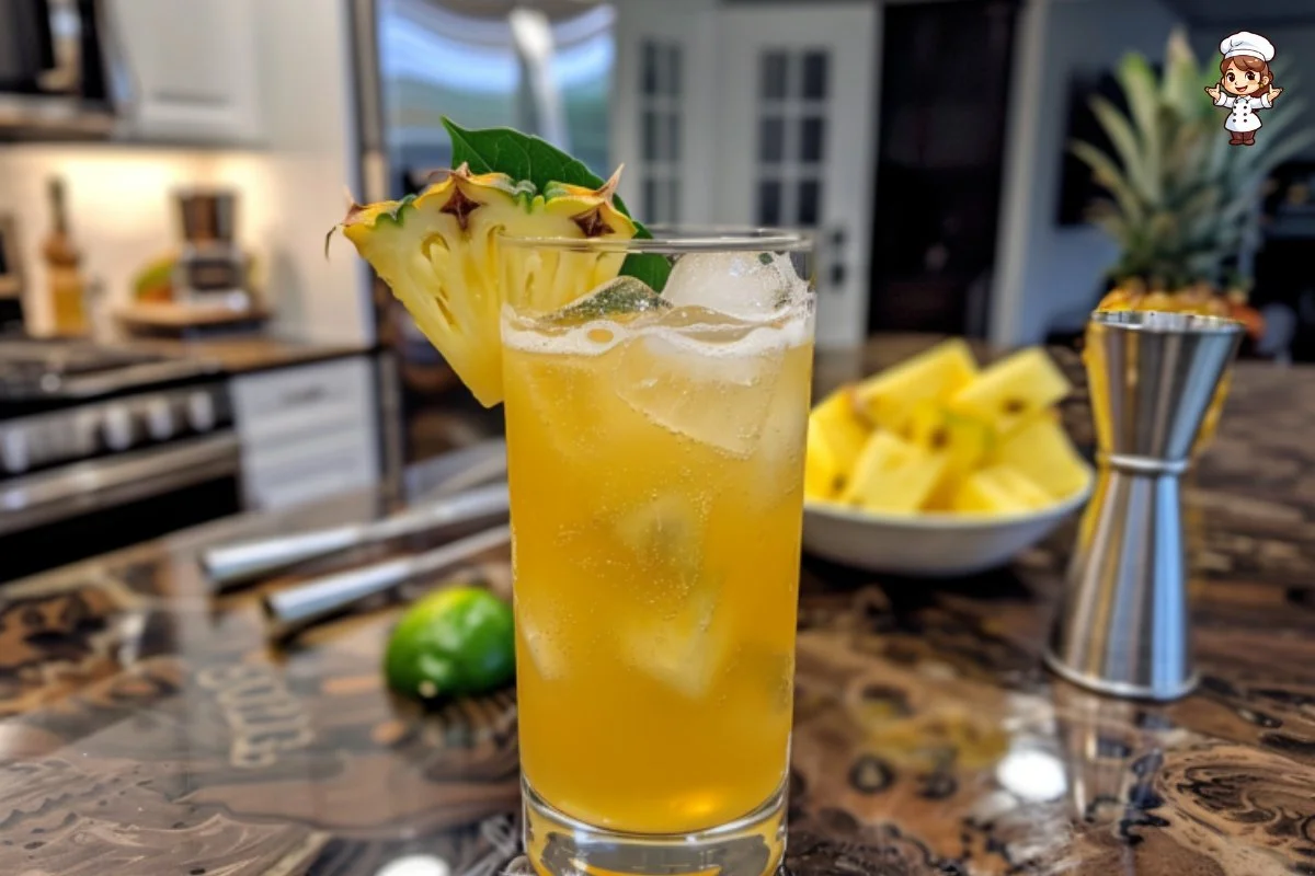Pineapple Rum cocktail garnished with a slice of pineapple and mint leaves.