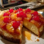 Delicious Pineapple Upside-Down Cheesecake topped with caramelized pineapple slices