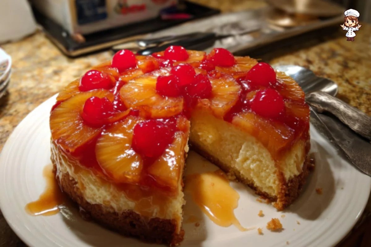 Delicious Pineapple Upside-Down Cheesecake topped with caramelized pineapple slices