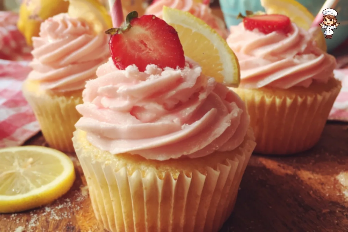 Delicious pink lemonade cupcakes topped with frosting and lemon slices.