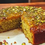 Pistachio Date Cake topped with crushed pistachios and dates