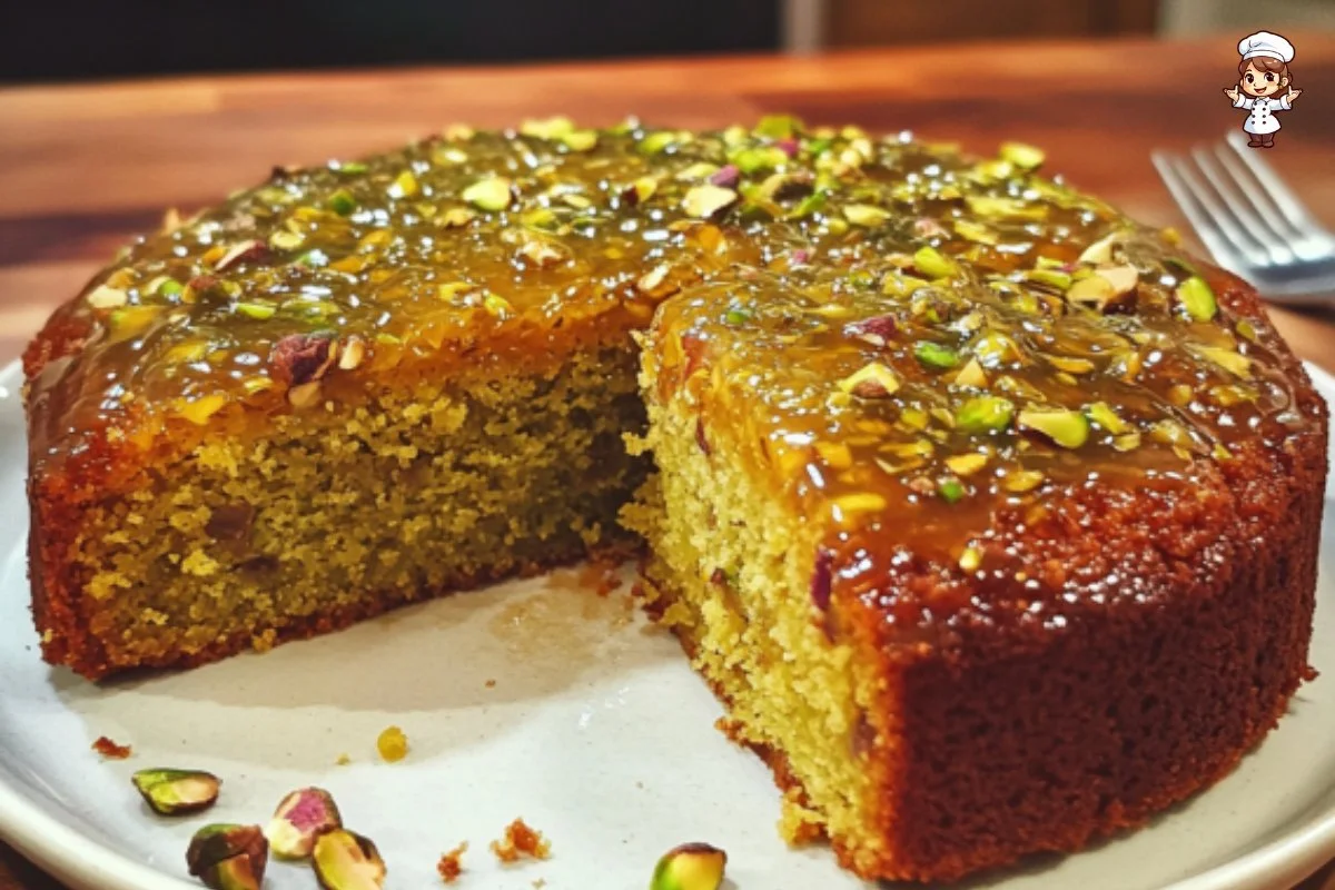 Pistachio Date Cake topped with crushed pistachios and dates